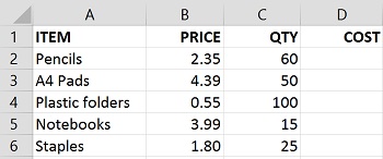 Excel spreadsheet of stationery items to calculate expenditure 