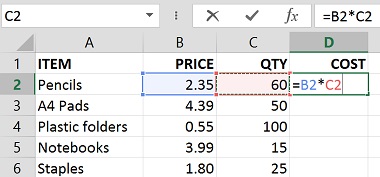 Excel spreadsheet showing how to enter simple multiplication formula