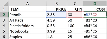 Excel spreadsheet showing copied formulae relationship
